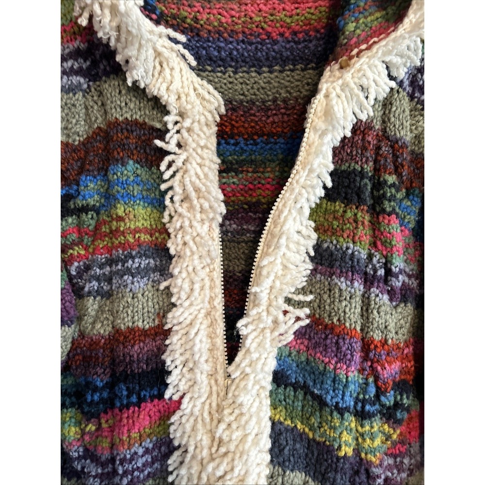Hand Knitted Hooded Sweater Colorful Fringed Pockets Artist Made Heavy Knit - Picture 3 of 8